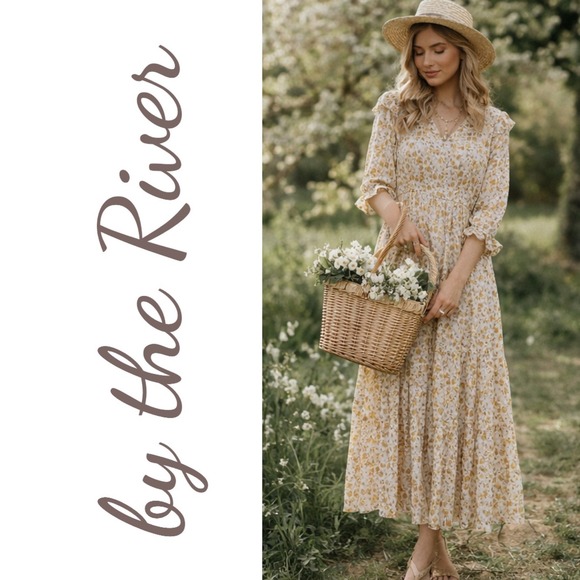 By The River Dresses & Skirts - By the River Romantic Floral Boho Smocked Tiered Maxi Dress Cream Yellow, Medium